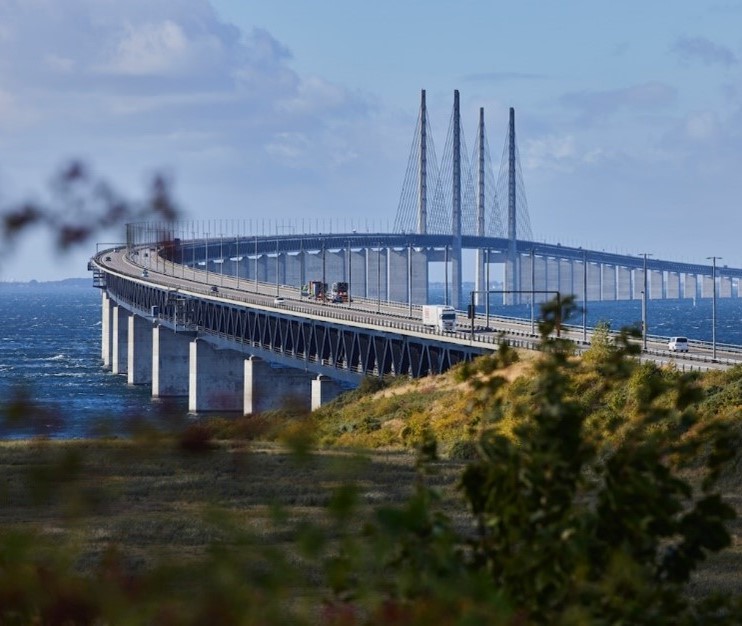Sunny view of the bridge Öresundsbron that connects Sweden and Denmark.